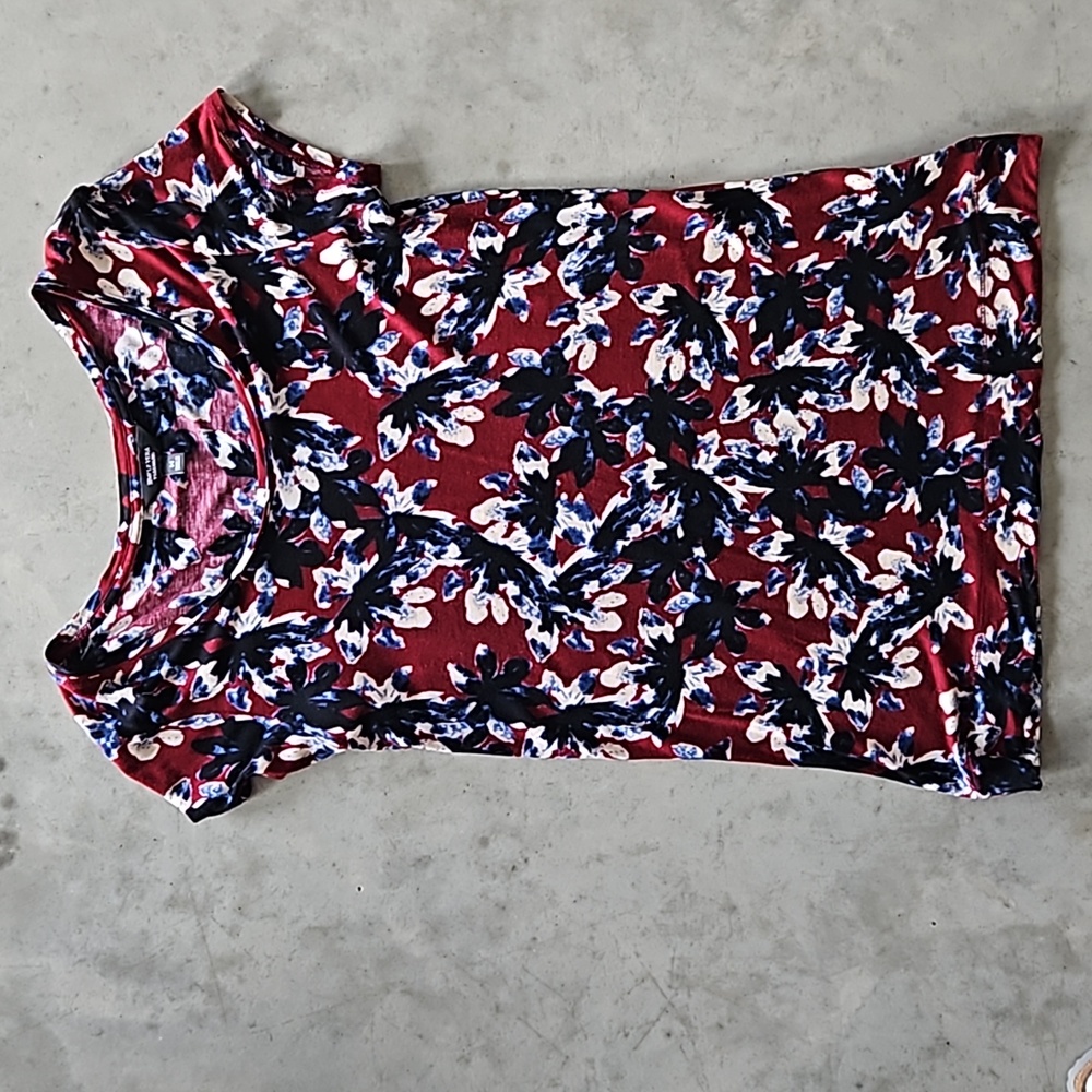 Vera Wang floral flower short sleeve top burgandy wine navy cream medium